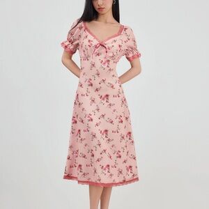 Cider Square Neck Strawberry Graphic Contrasting Lace Trim Dress
